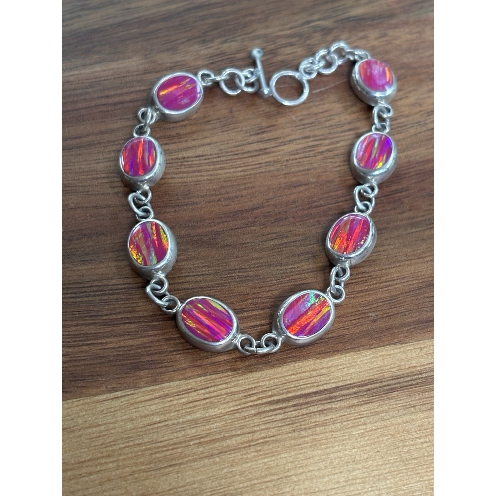 VTG 925 Sterling Silver Pink Lab Opal Inlay Link Mexico Bracelet 7in